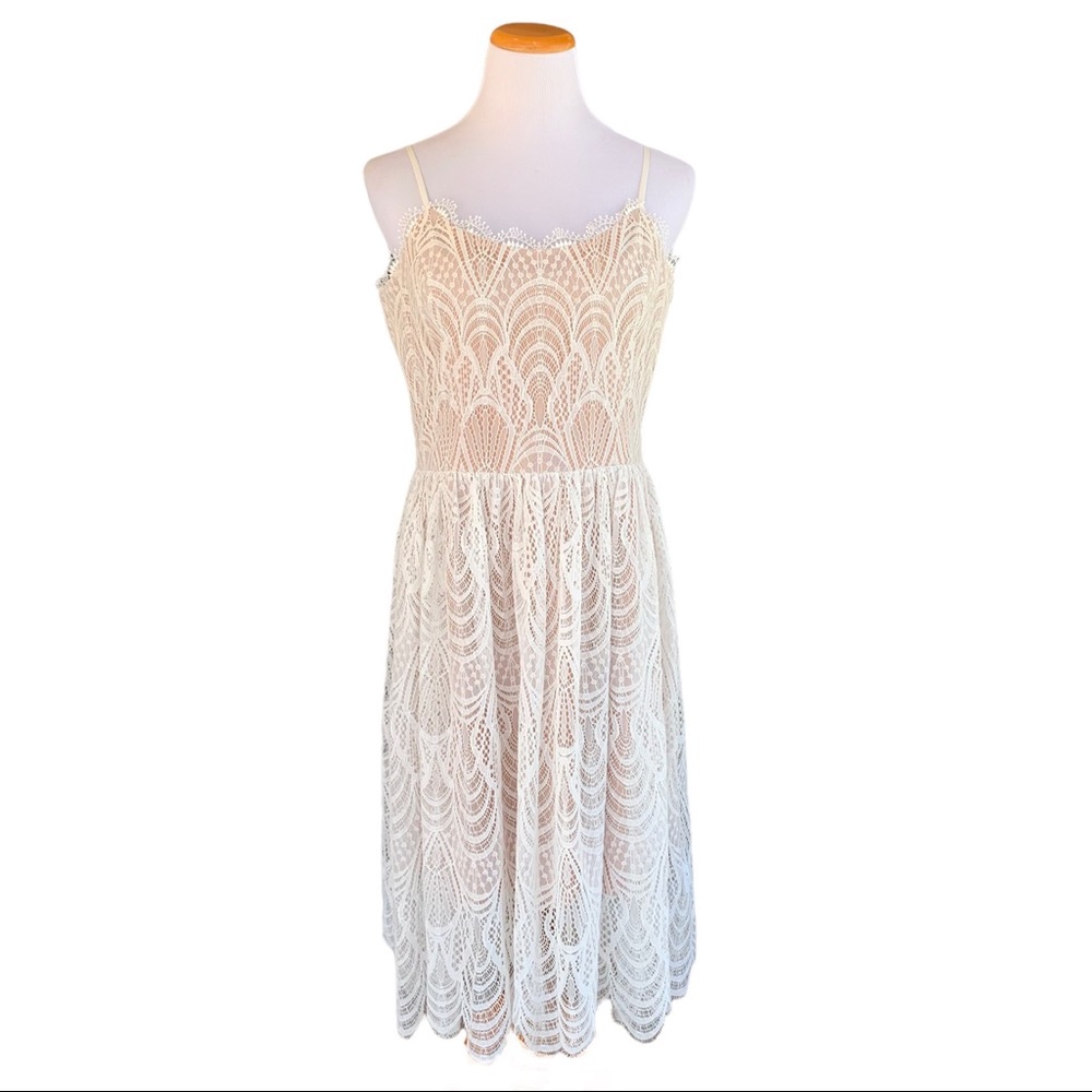 New Dress the Population Francesca Fit and Flare White Lace Midi Dress L